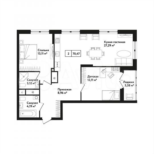 2-к. квартира, 70,5 м², 10/25 эт.