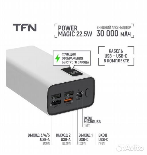 Повербанк Power bank TFN 30 000 mAh белый