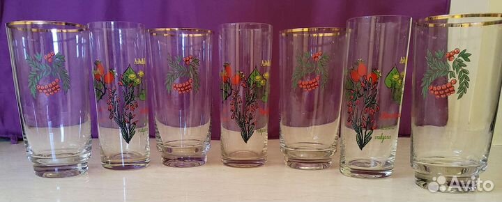 7 шт Стаканы высокие бокалы с рисунком стекло СССР