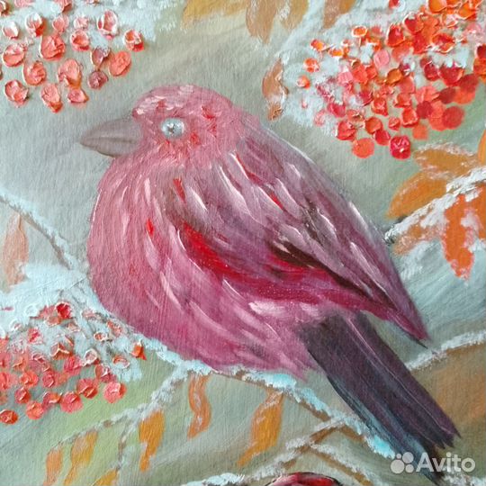 Картина маслом зимний пейзаж Японские снегири