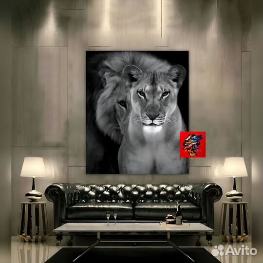 Современная интерьерная картина лев царица семья