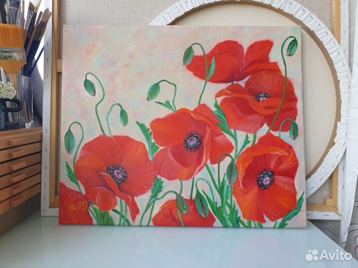 Картина Маки красные цветы 50х60см холст масло