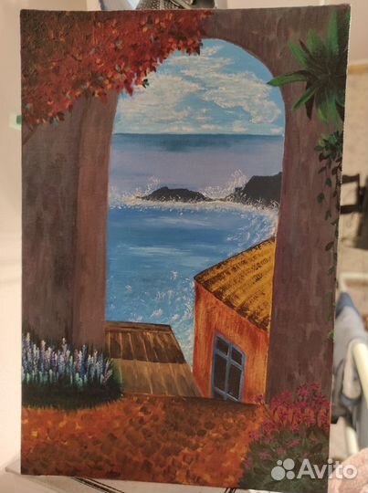 Картина 20х30 маслом на холсте море, арка