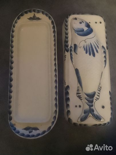 Блюдо под рыбу с крышкой Гжель СССР