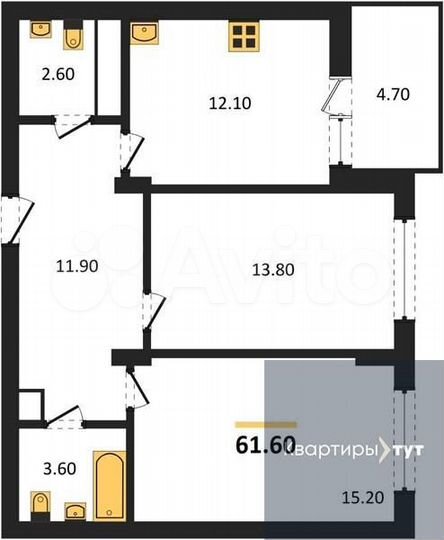 2-к. квартира, 61,6 м², 5/13 эт.