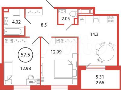 2-к. квартира, 57,5 м², 11/12 эт.