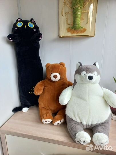 Игрушка подушка кот батон черный, хаска, мишка