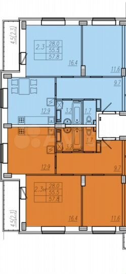2-к. квартира, 57,8 м², 8/16 эт.