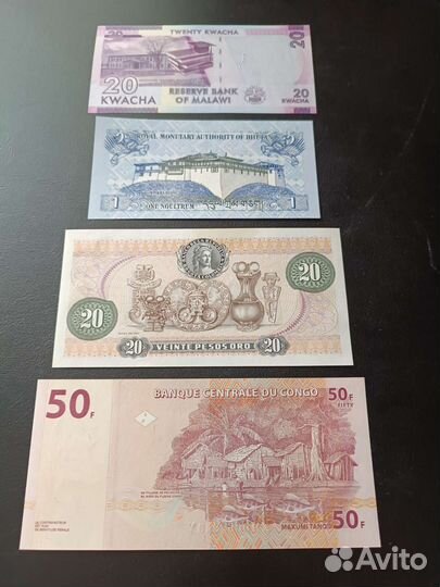 Набор банкнот Колумбия, Бутан, Конго,Малави (UNC)