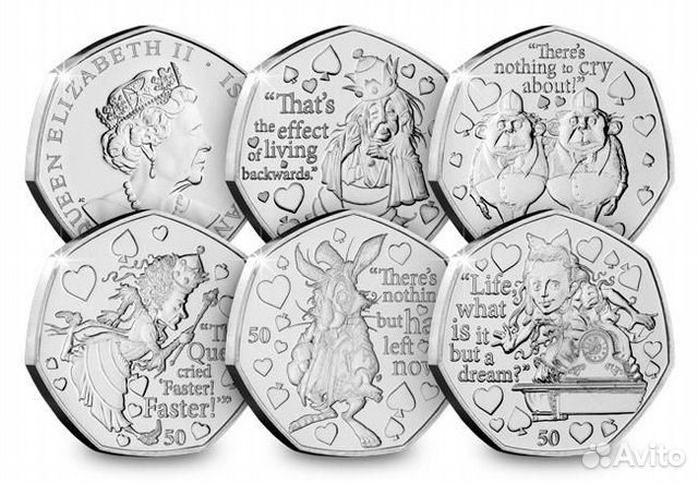 Набор 50 пенсов: Алиса оба вида, Англия / Мэн