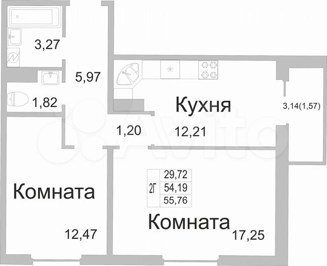 2-к. квартира, 55,8 м², 7/9 эт.