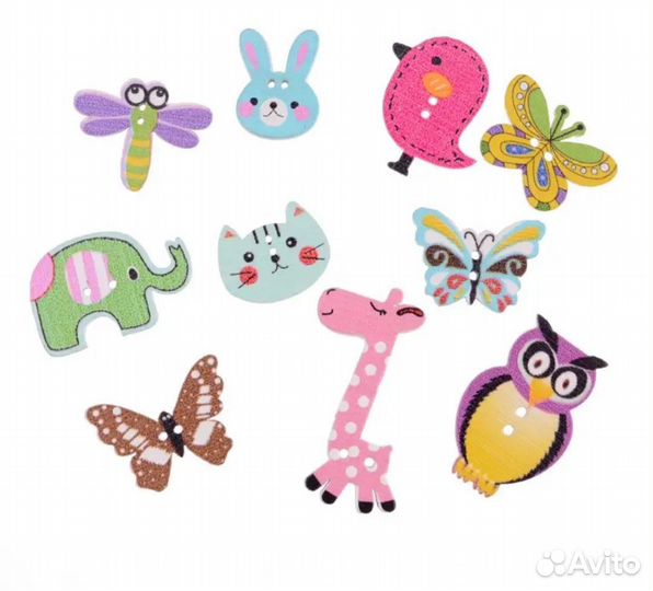 Деревянные пуговицы детские - животные 50 шт