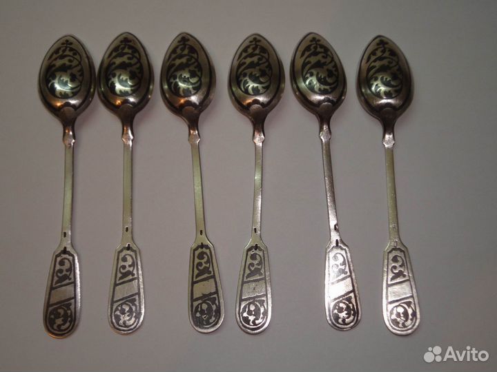 Ложки чайные серебряные позолота, чернь