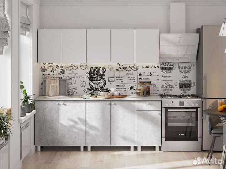 Кухонный гарнитур Кайган 2 м, белый/цемент светлый