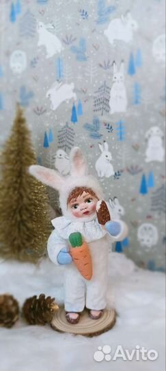 Ватная ёлочная игрушка Зайка