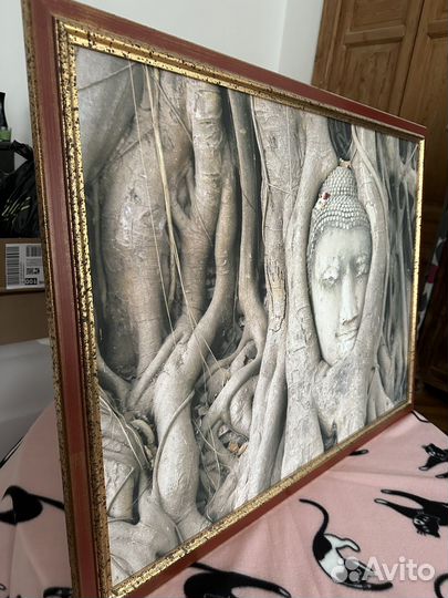 Картина: голова Будды в корнях дерева