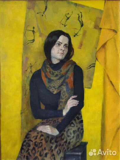 Картина маслом большая. Портрет девушки на жёлтом