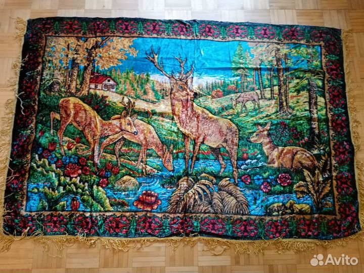 Плюшевый ковёр СССР. Советский ковёр с оленями. 1