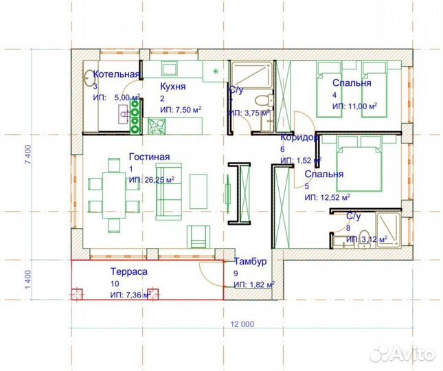 Готовый проект одноэтажного дома 76м2