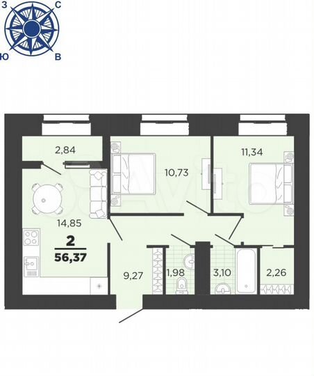 2-к. квартира, 56,4 м², 1/16 эт.