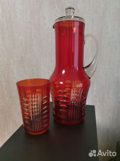 Хрустальный кувшин с крышкой и стаканом СССР