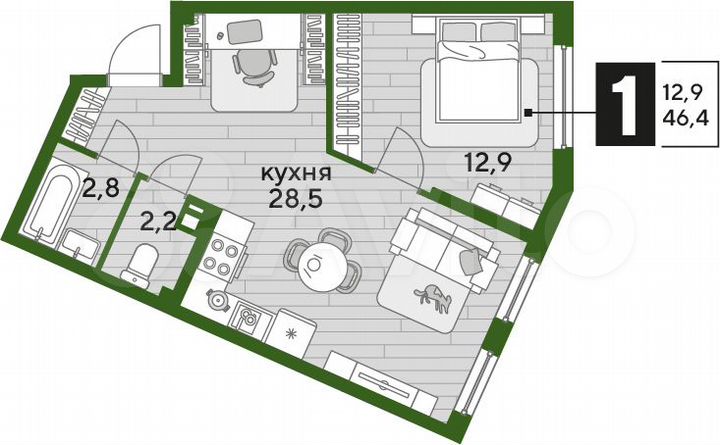 1-к. квартира, 46,4 м², 4/19 эт.