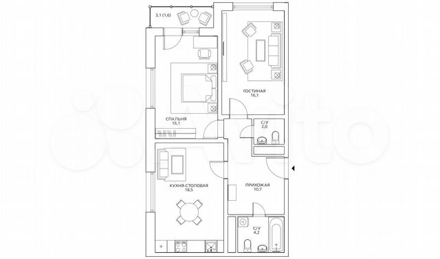 2-к. квартира, 69,2 м², 15/25 эт.