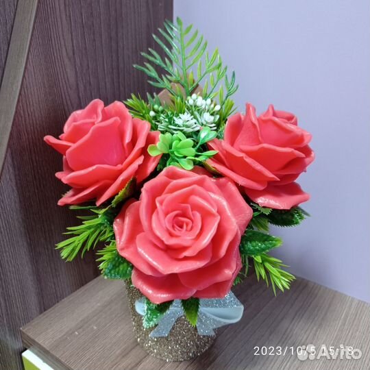 Мыло букет роз и роза в колбе