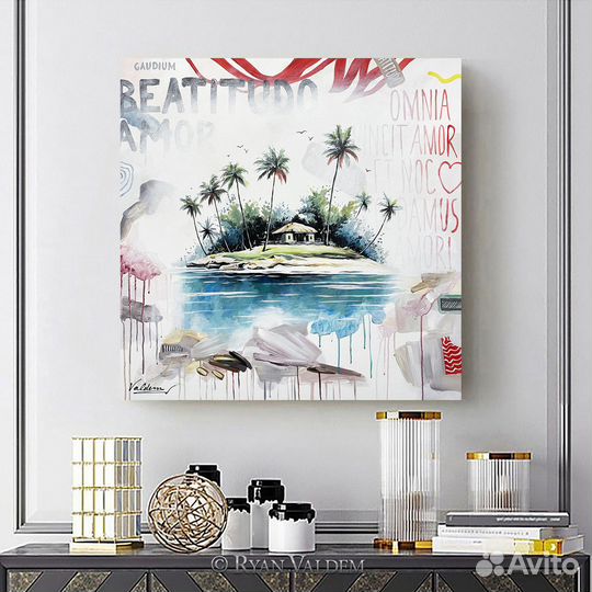 Современная картина, Остров, 80х80см, Пальмы, Море