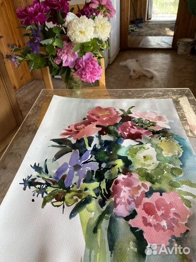 Картина акварель Цветы Пионы