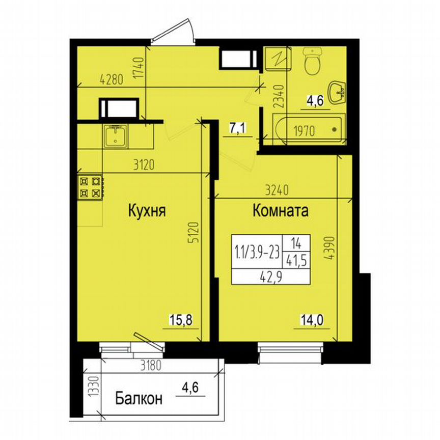 1-к. квартира, 42,9 м², 23/23 эт.