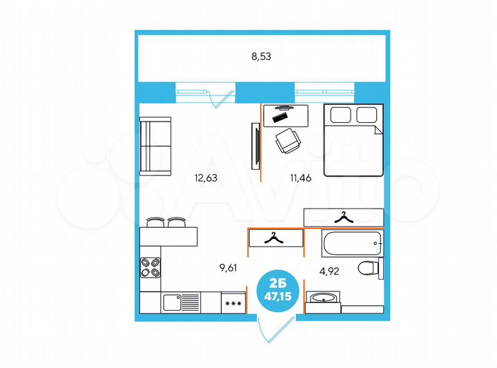 2-к. квартира, 47,2 м², 3/15 эт.