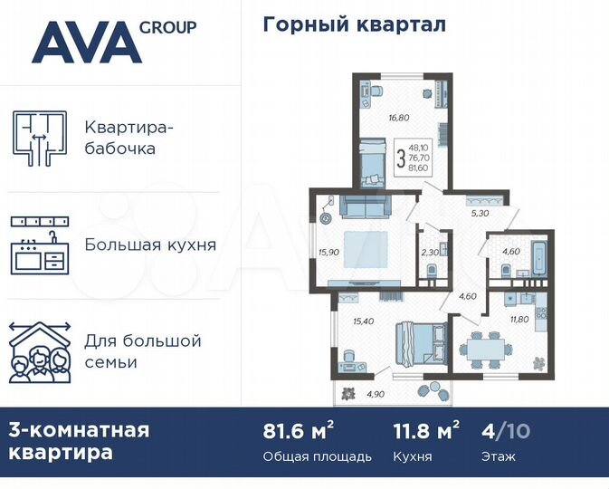 3-к. квартира, 81,6 м², 4/10 эт.