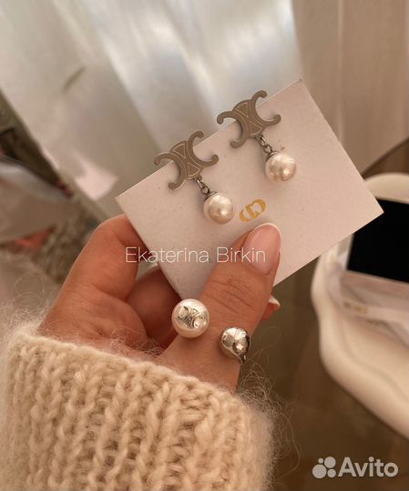 Серьги кольцо celine цвет серебро Жемчужина
