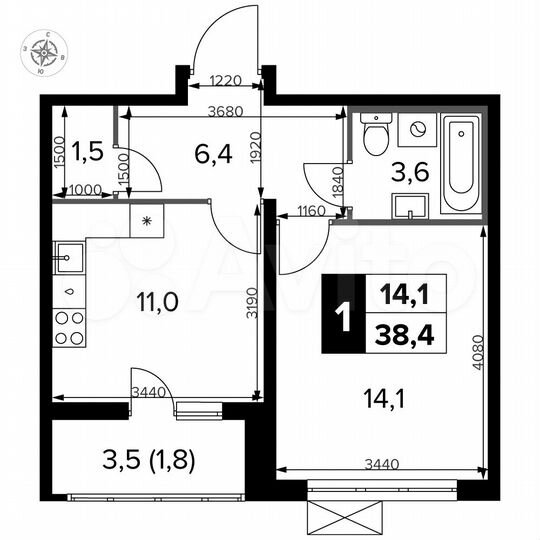 1-к. квартира, 38,4 м², 15/23 эт.