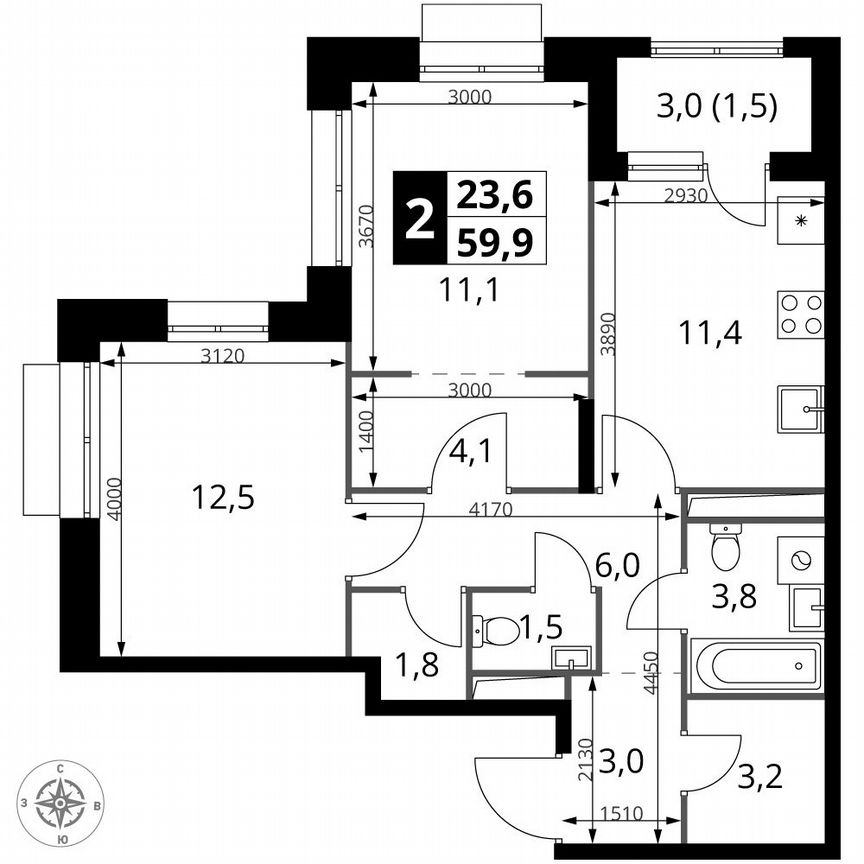 2-к. квартира, 59,9 м², 3/25 эт.