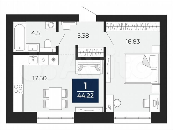 1-к. квартира, 44,2 м², 2/12 эт.