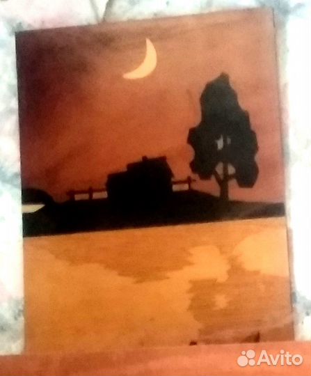 Панно Ночной пейзаж у реки СССР, дерево, 70-е годы