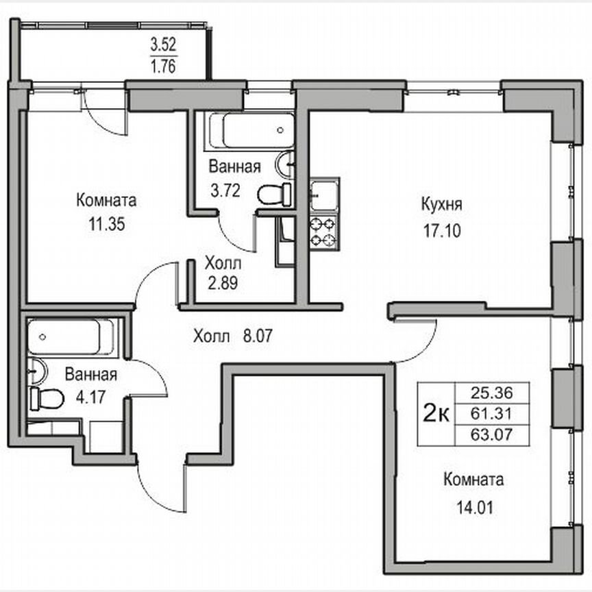 2-к. квартира, 63,1 м², 2/23 эт.