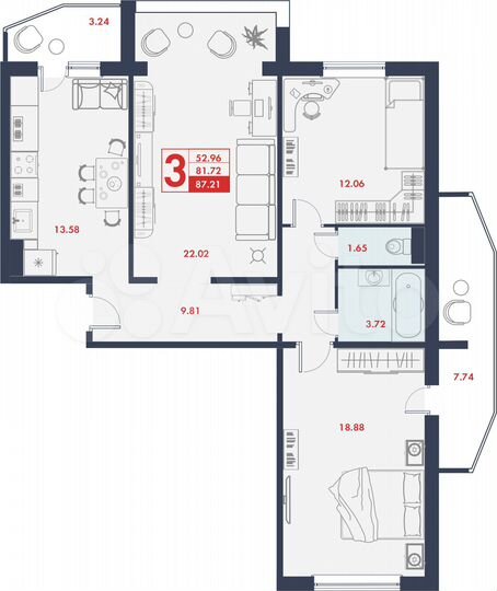 3-к. квартира, 87,2 м², 5/14 эт.