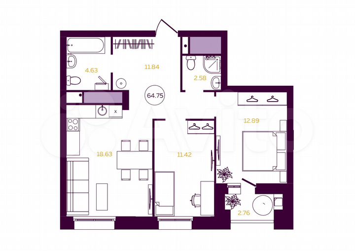 2-к. квартира, 64,8 м², 20/23 эт.