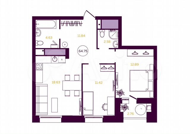 2-к. квартира, 64,8 м², 20/23 эт.