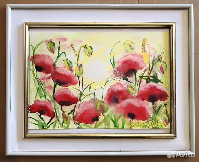 Картина алые маки акварель 270х390 мм