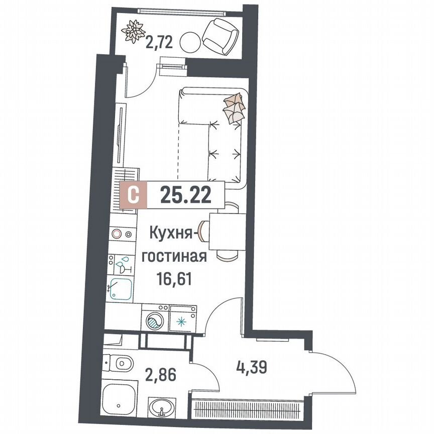 Квартира-студия, 25,2 м², 14/18 эт.