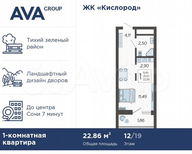 Квартира-студия, 22,9 м², 12/19 эт.