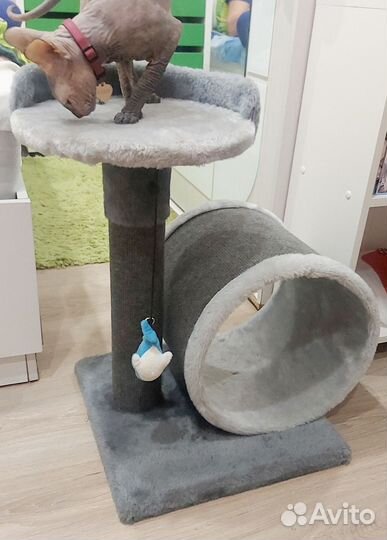 Когтеточка-столбик с тоннелем серая (ковролин)