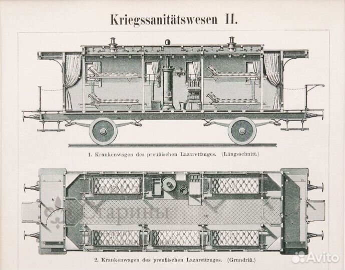 Редкая литография Военно-санитарные вагоны