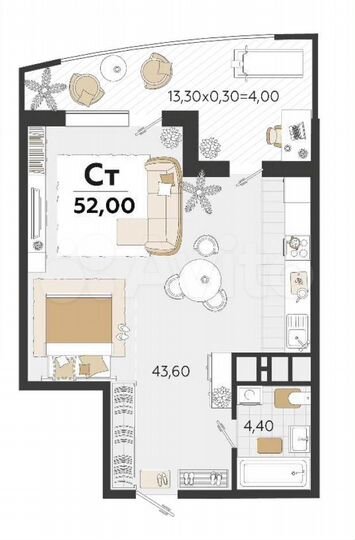 Своб. планировка, 52 м², 9/24 эт.