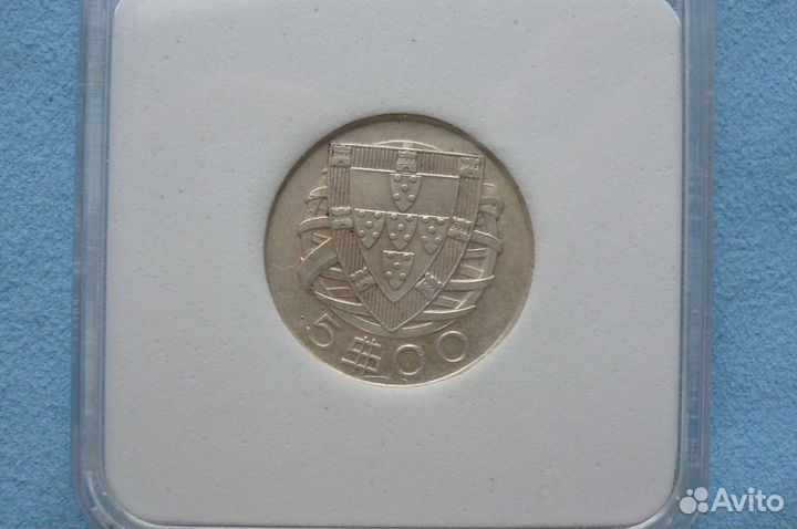 Португалия 5 эскудо 1943 г. серебро MS-60 слаб NNC