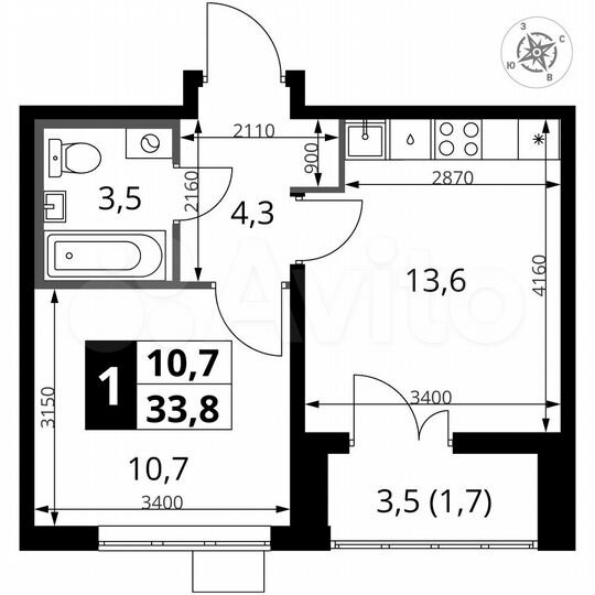 1-к. квартира, 33,8 м², 2/25 эт.